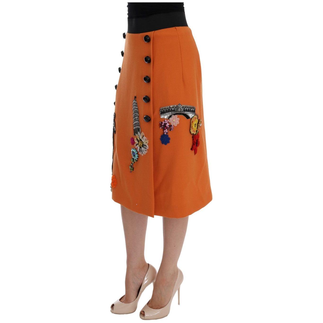 Dolce & Gabbana Orange Wool Crystal Sequin Appliques Skirt Dolce & Gabbana