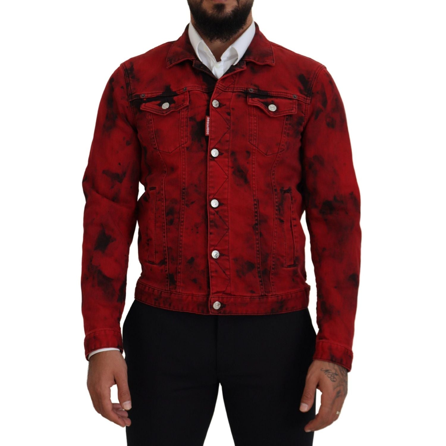 Dsquared² Red Black Tie Dye Collared Men Denim Jacket