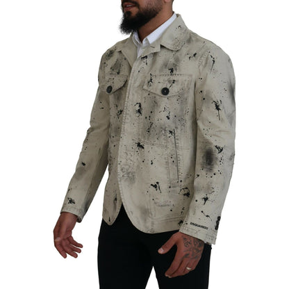 Dsquared² Off White Black Splash Print Casual Denim Jacket
