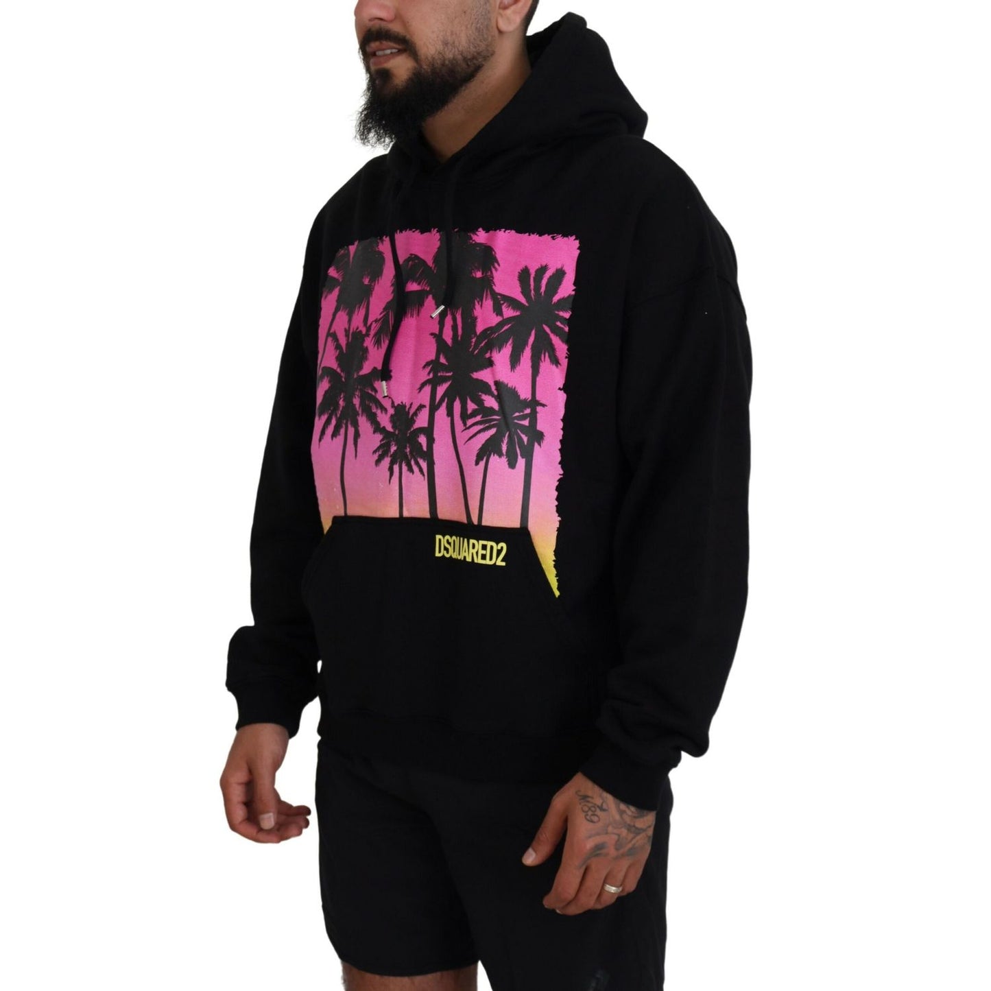 Dsquared² Black Cotton Hooded Printed Men Pullover Sweater