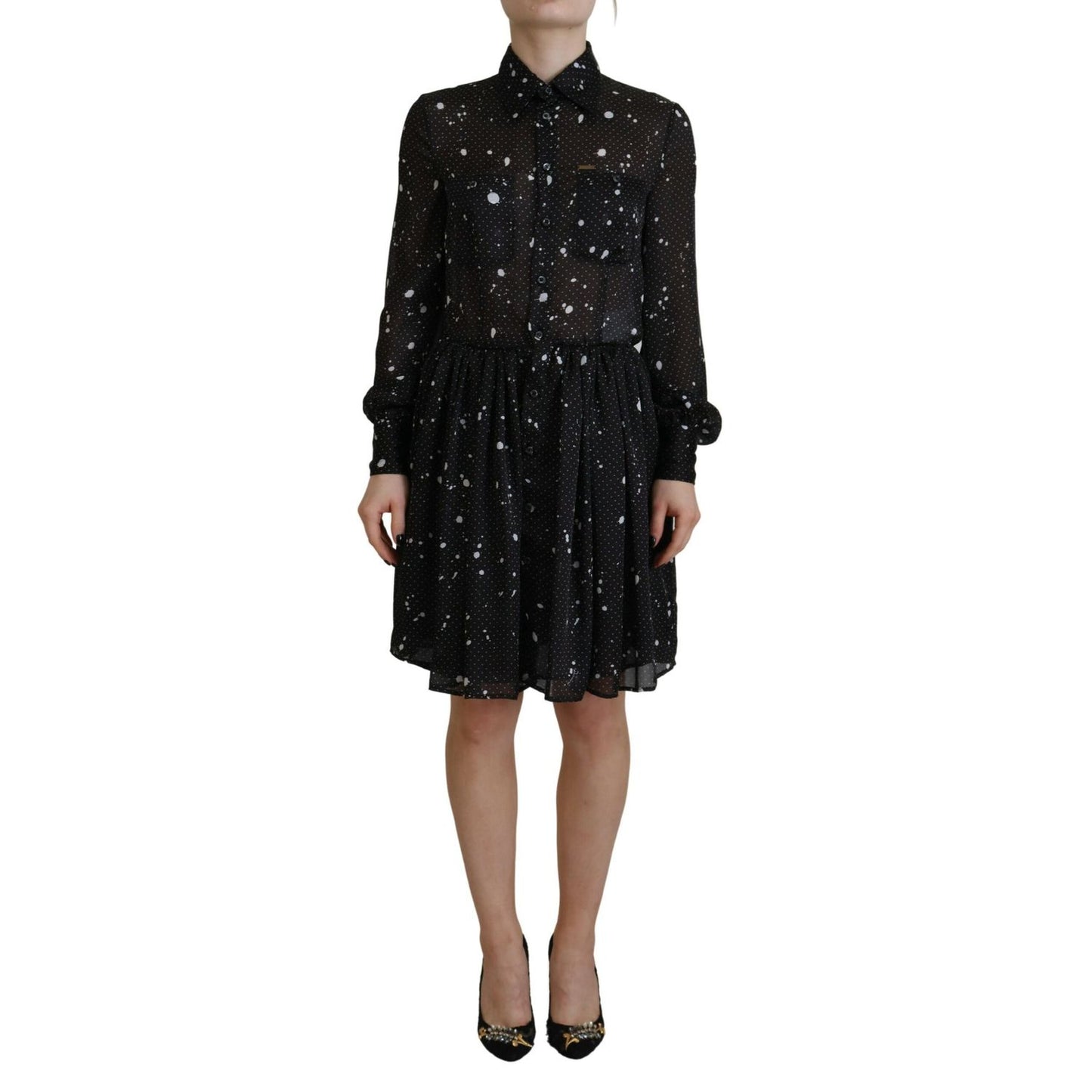 فستان Dsquared² أسود منقط بأكمام طويلة وأزرار