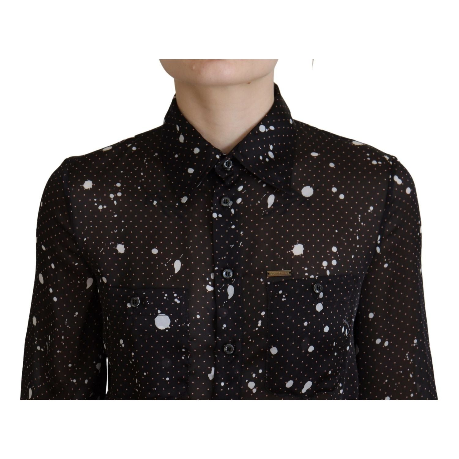 فستان Dsquared² أسود منقط بأكمام طويلة وأزرار