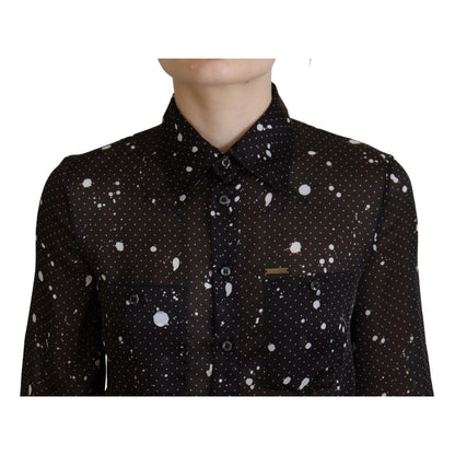 فستان Dsquared² أسود منقط بأكمام طويلة وأزرار