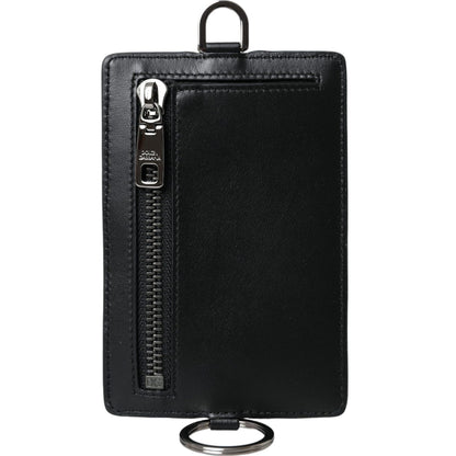 Dolce & Gabbana Black Calf Leather Lanyard Logo Card Holder Men Wallet