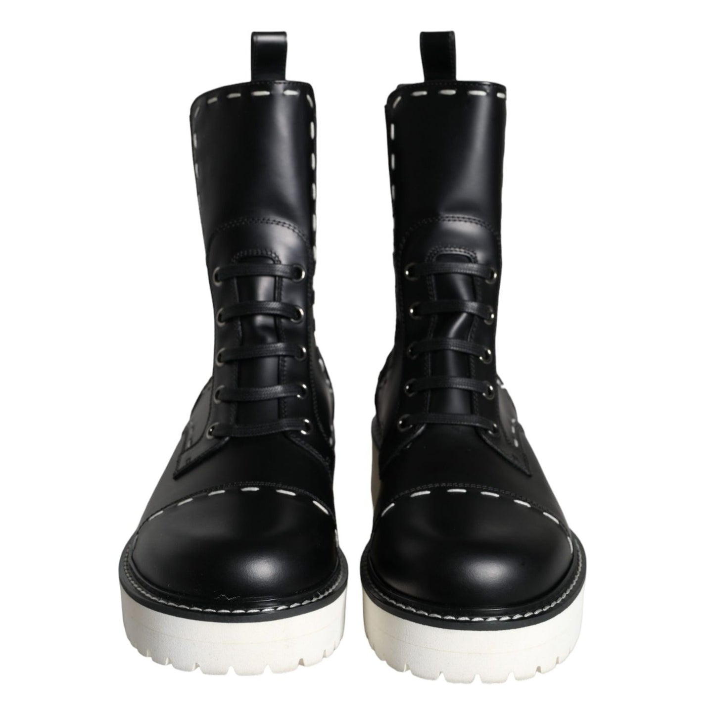 Dolce & Gabbana Black Leather Combat Mid Calf Boots Shoes