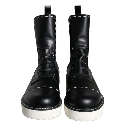 Dolce & Gabbana Black Leather Combat Mid Calf Boots Shoes