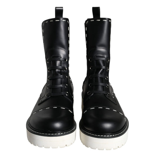 Dolce & Gabbana Black Leather Combat Mid Calf Boots Shoes