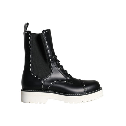 Dolce & Gabbana Black Leather Combat Mid Calf Boots Shoes