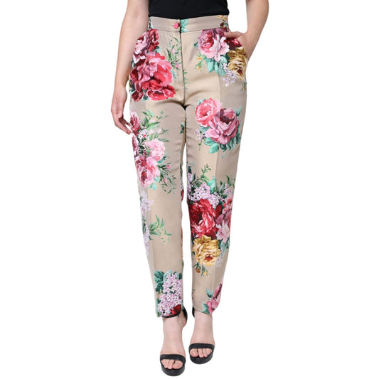 Dolce & Gabbana Beige Floral Jacquard High Waist Tapered Pants