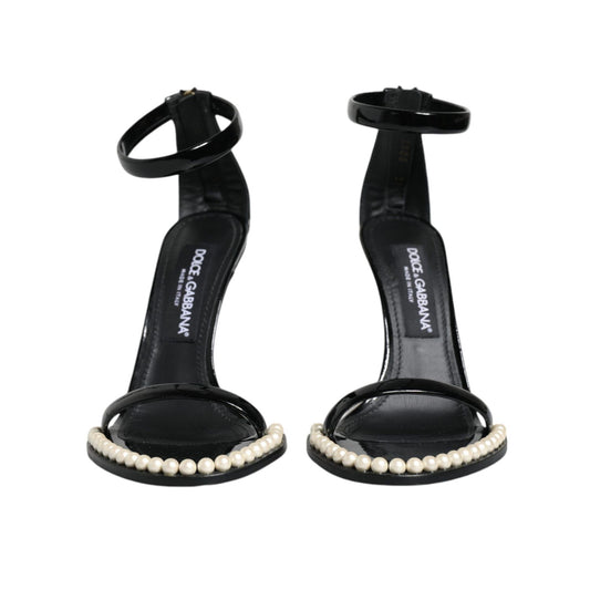 Dolce & Gabbana Black Keira Leather Faux Pearl Sandals Heels Shoes