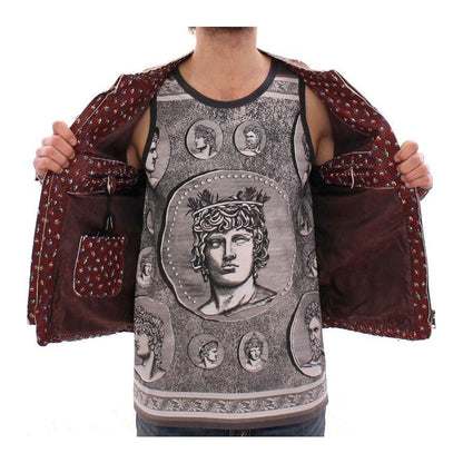Dolce & Gabbana Bordeaux Leather Boxer Print Jacket Coat Dolce & Gabbana