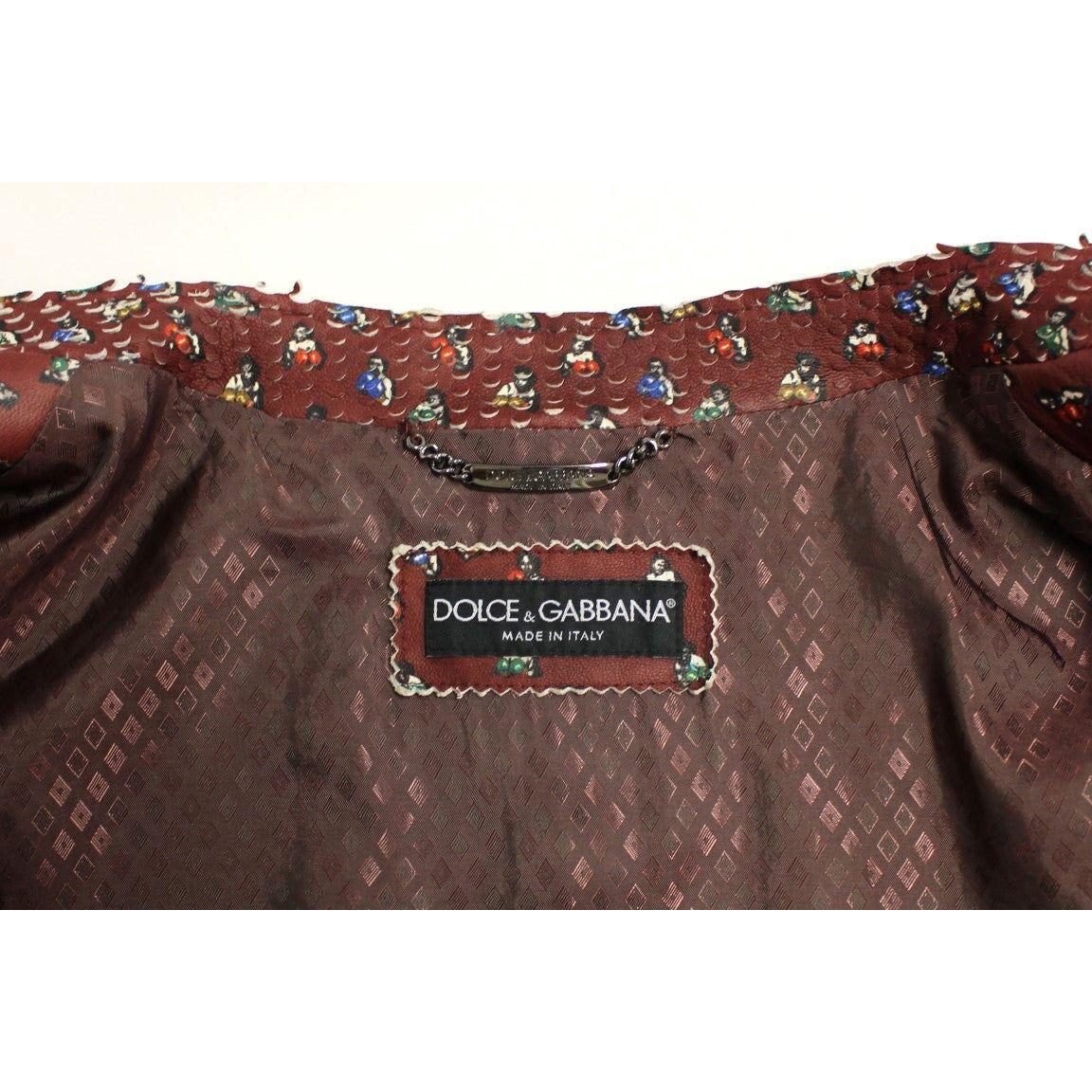 Dolce & Gabbana Bordeaux Leather Boxer Print Jacket Coat Dolce & Gabbana