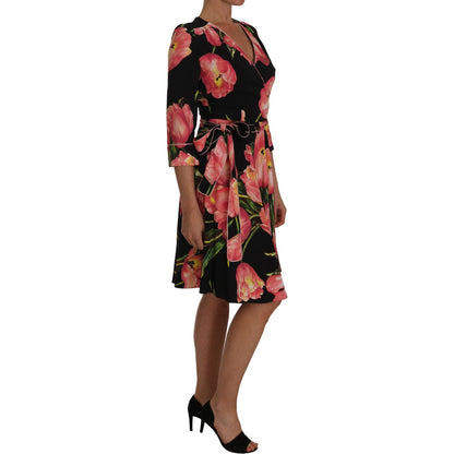 Dolce & Gabbana Black Pink Tulip Print Stretch Shift Dress Dolce & Gabbana