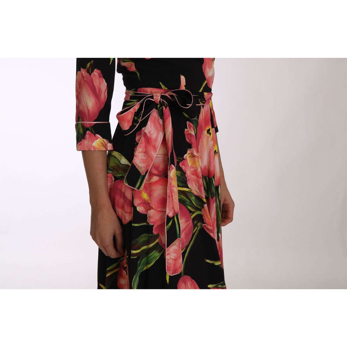 Dolce & Gabbana Black Pink Tulip Print Stretch Shift Dress Dolce & Gabbana