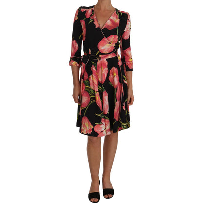 Dolce & Gabbana Black Pink Tulip Print Stretch Shift Dress Dolce & Gabbana