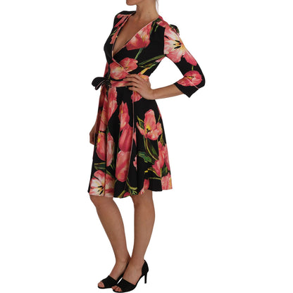 Dolce & Gabbana Black Pink Tulip Print Stretch Shift Dress Dolce & Gabbana