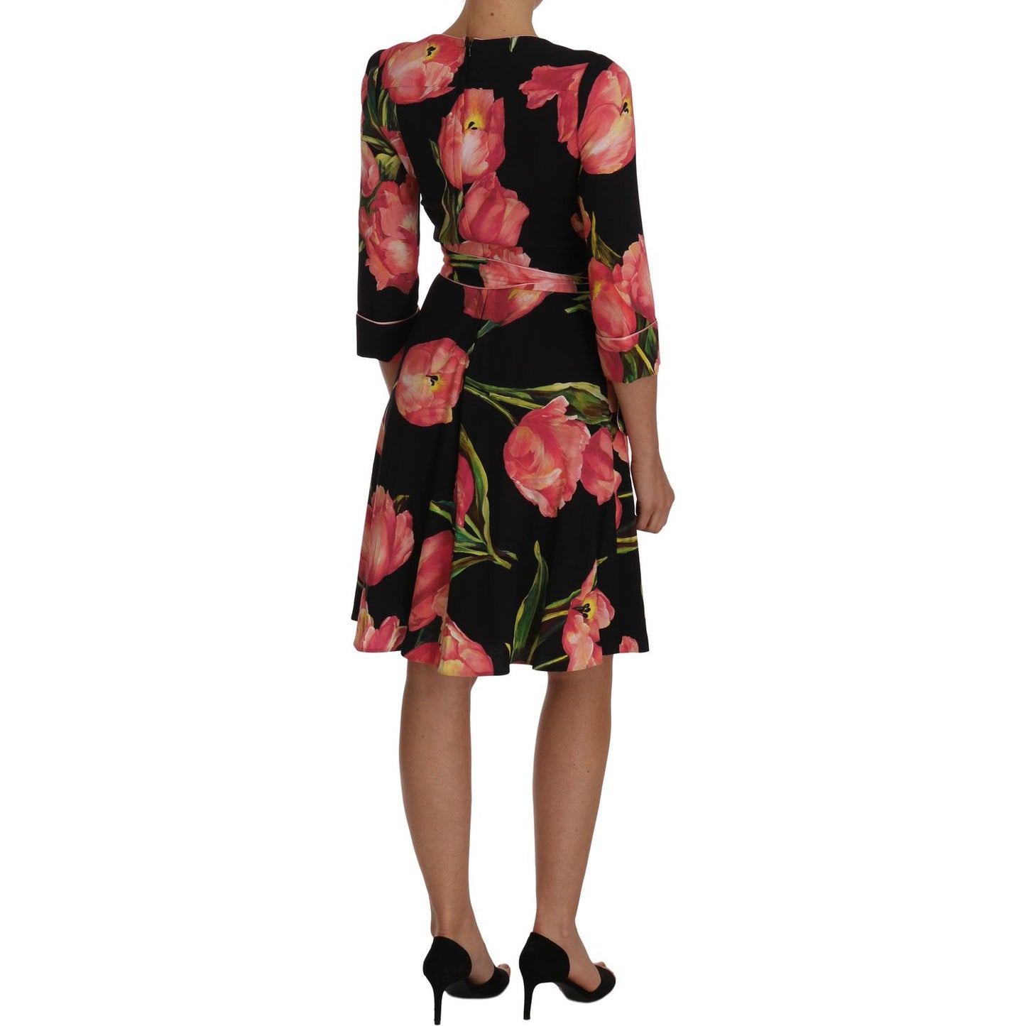 Dolce & Gabbana Black Pink Tulip Print Stretch Shift Dress Dolce & Gabbana