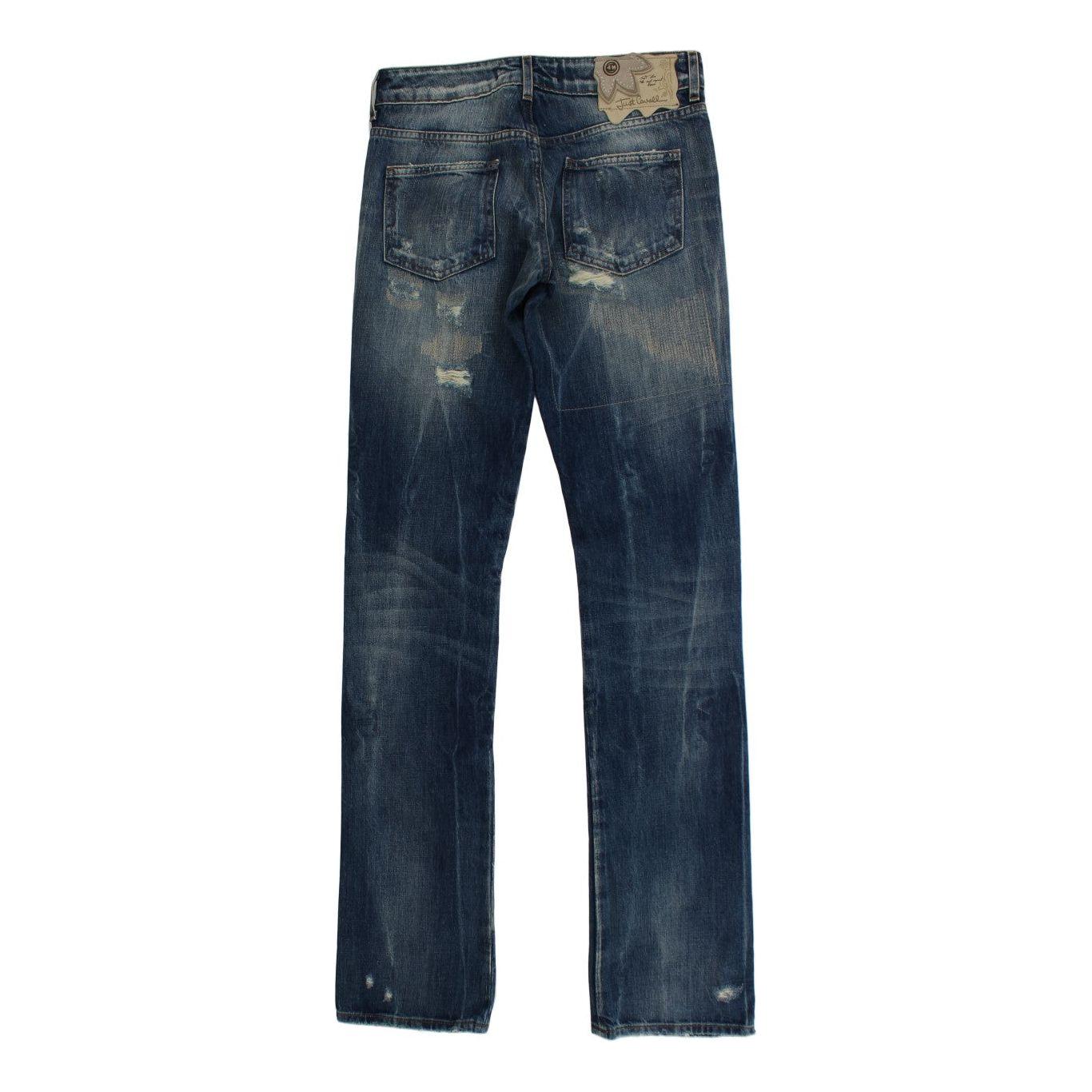 Cavalli Blue Wash Torn Cotton Straight Fit Jeans Cavalli