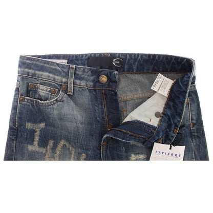 Cavalli Blue Wash Torn Cotton Straight Fit Jeans Cavalli