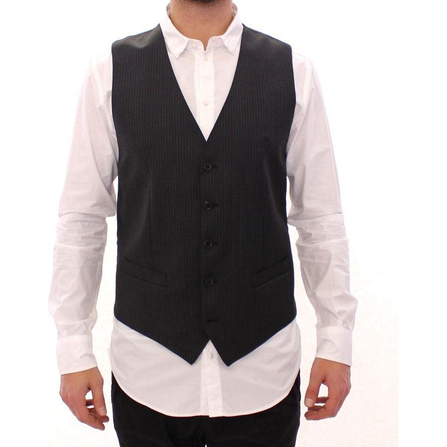 Dolce & Gabbana Gray Striped Wool Single Breasted Vest Dolce & Gabbana
