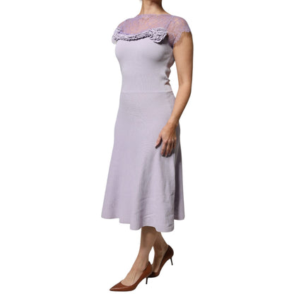 Blumarine Purple Short Sleeves Floral Lace Trim A-line Midi Dress