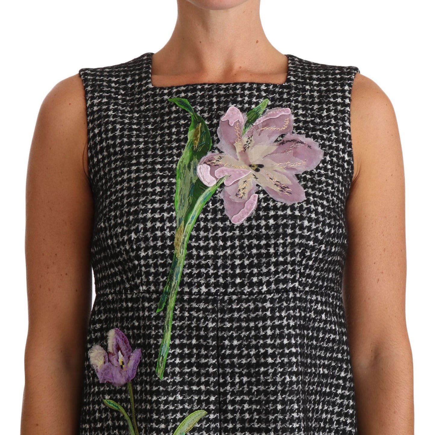 Dolce & Gabbana Gray Houndstooth Floral Appliqué Shift Mini Dress Dolce & Gabbana
