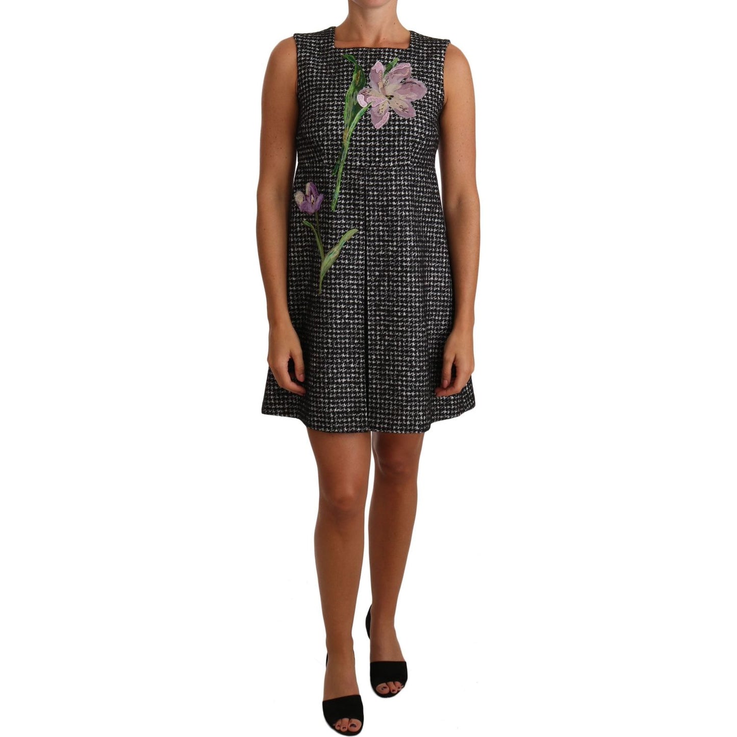 Dolce & Gabbana Gray Houndstooth Floral Appliqué Shift Mini Dress Dolce & Gabbana