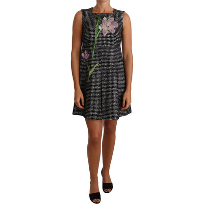 Dolce & Gabbana Gray Houndstooth Floral Appliqué Shift Mini Dress Dolce & Gabbana