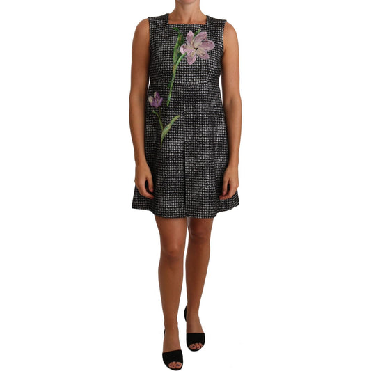 Dolce & Gabbana Gray Houndstooth Floral Appliqué Shift Mini Dress Dolce & Gabbana