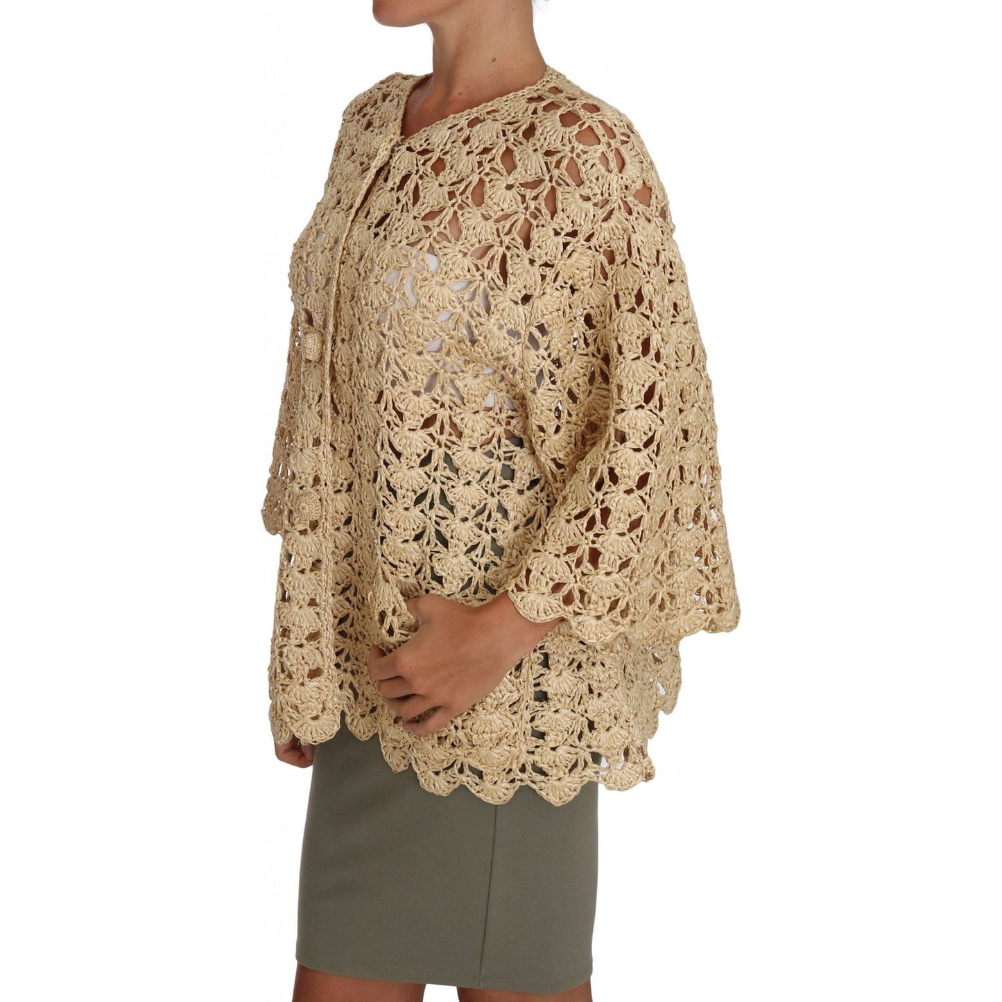Dolce & Gabbana Beige Cardigan Crochet Knitted Raffia Sweater
