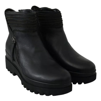 Ovyé Black Leather Zipper Ankle Boots Shoes