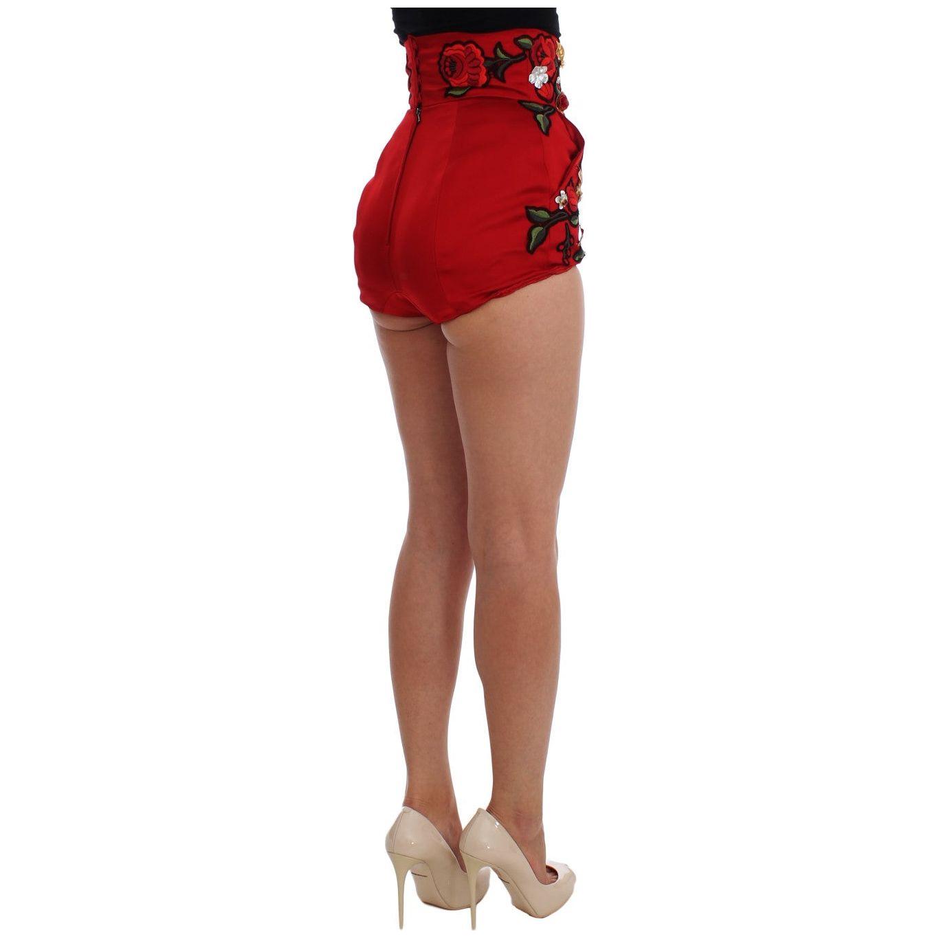 Dolce & Gabbana Red Silk Crystal Roses Shorts Dolce & Gabbana