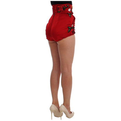 Dolce & Gabbana Red Silk Crystal Roses Shorts Dolce & Gabbana
