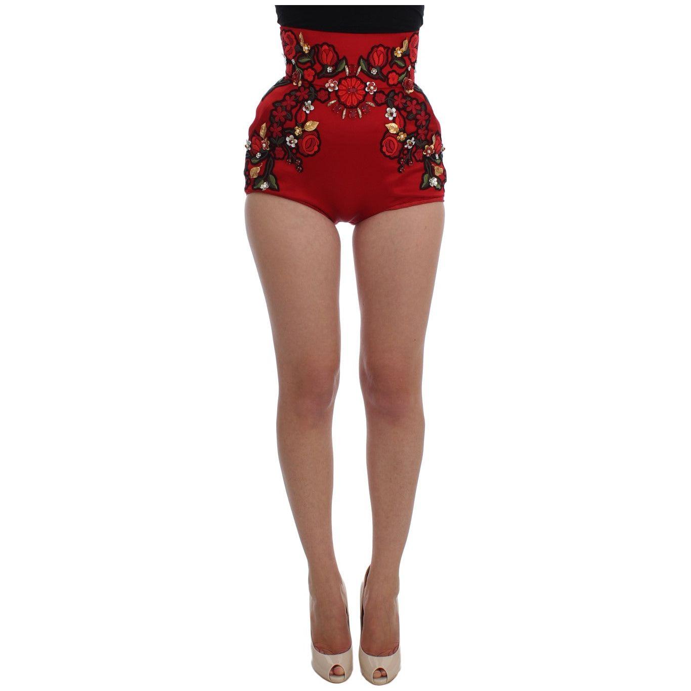 Dolce & Gabbana Red Silk Crystal Roses Shorts Dolce & Gabbana