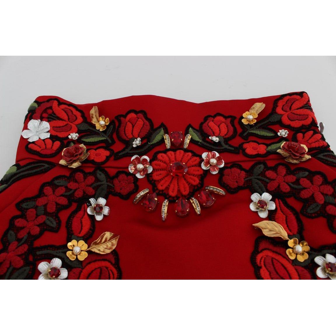 Dolce & Gabbana Red Silk Crystal Roses Shorts Dolce & Gabbana