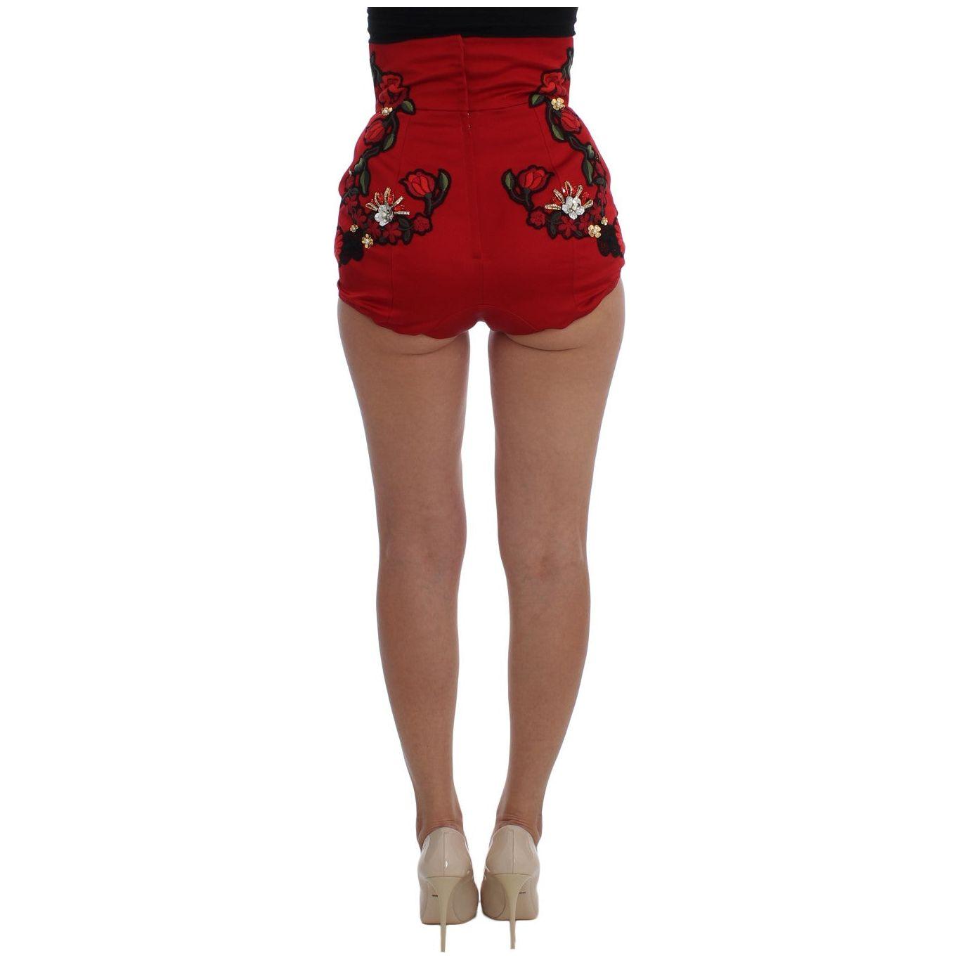 Dolce & Gabbana Red Silk Crystal Roses Shorts Dolce & Gabbana