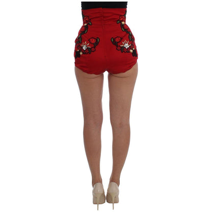 Dolce & Gabbana Red Silk Crystal Roses Shorts Dolce & Gabbana