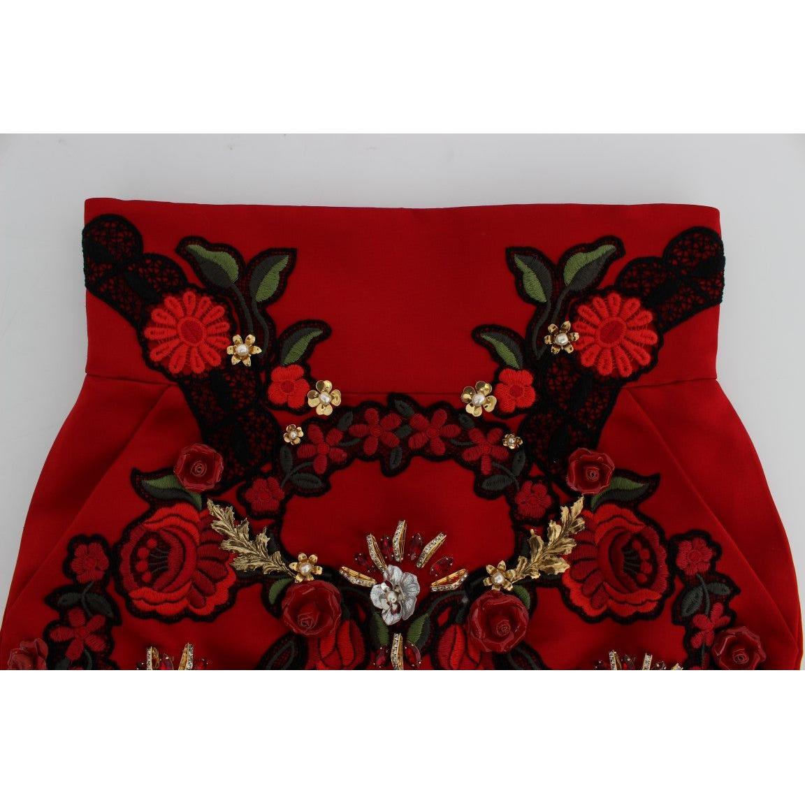 Dolce & Gabbana Red Silk Crystal Roses Shorts Dolce & Gabbana