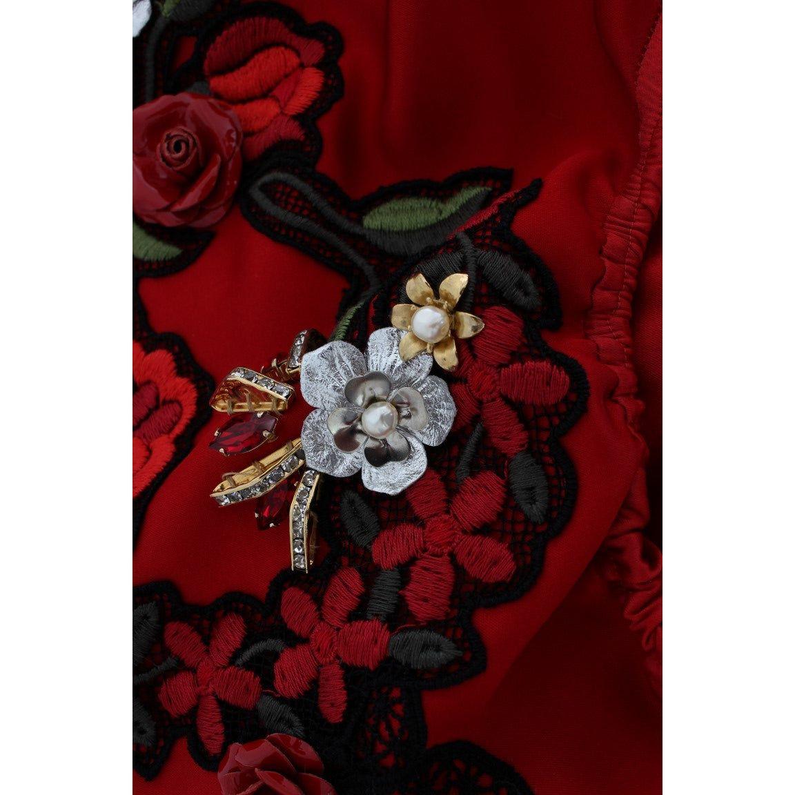 Dolce & Gabbana Red Silk Crystal Roses Shorts Dolce & Gabbana
