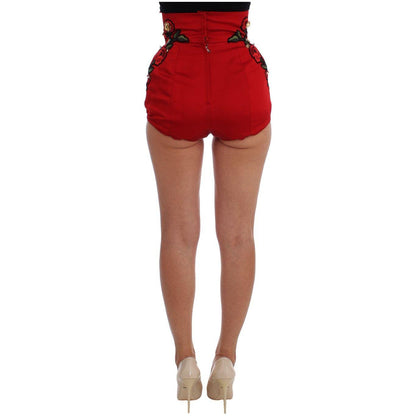 Dolce & Gabbana Red Silk Crystal Roses Shorts Dolce & Gabbana