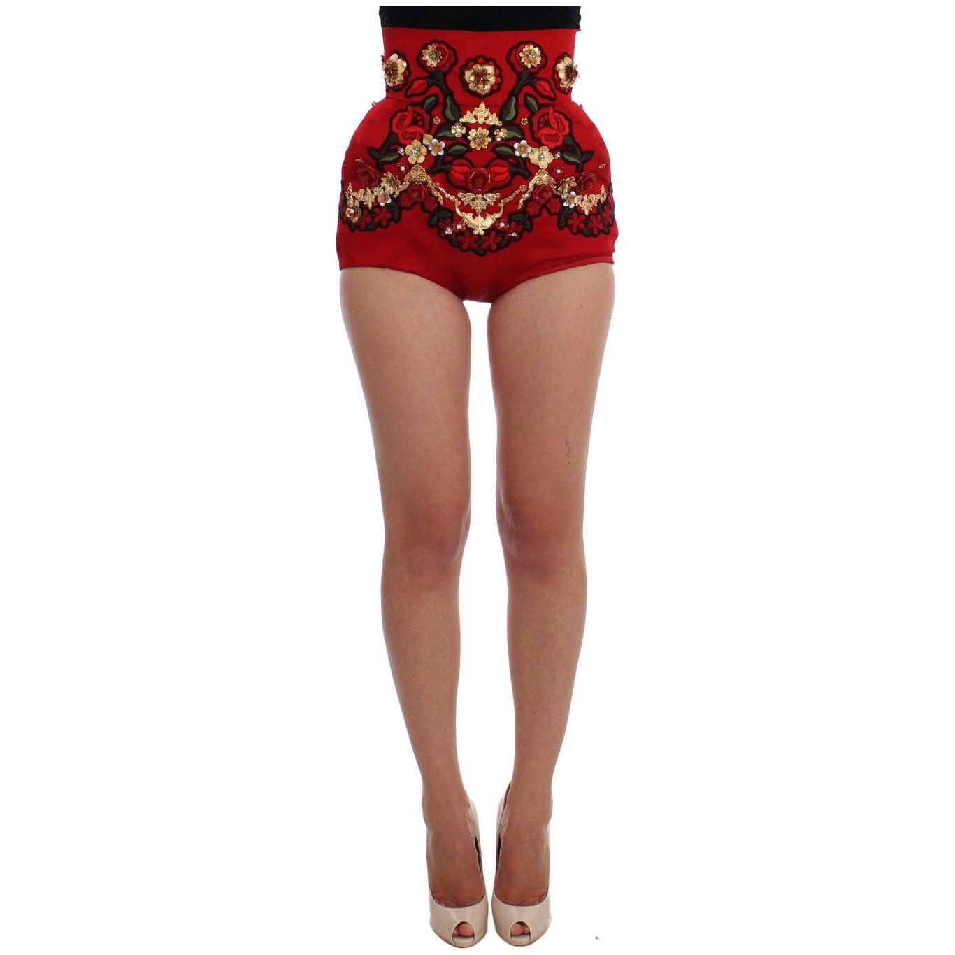 Dolce & Gabbana Red Silk Crystal Roses Shorts Dolce & Gabbana
