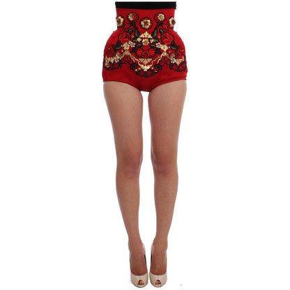Dolce & Gabbana Red Silk Crystal Roses Shorts Dolce & Gabbana