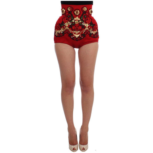 Dolce & Gabbana Red Silk Crystal Roses Shorts Dolce & Gabbana