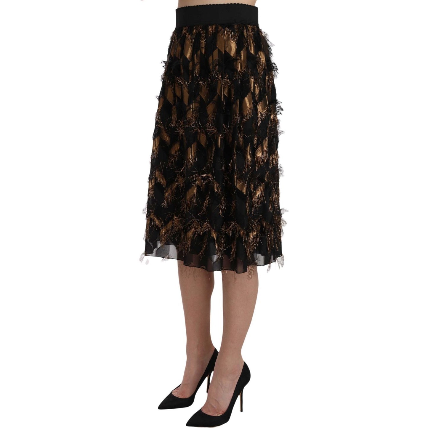 Dolce & Gabbana Black Gold Fringe Metallic Pencil A-line Skirt Dolce & Gabbana