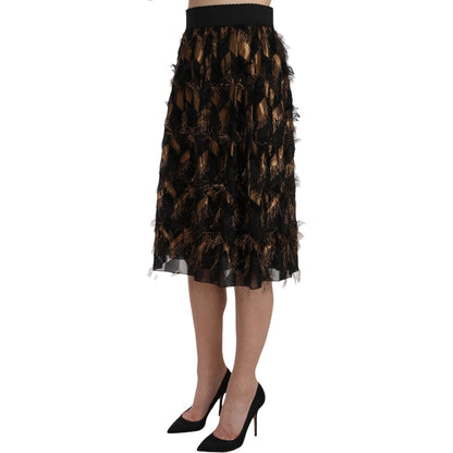 Dolce & Gabbana Black Gold Fringe Metallic Pencil A-line Skirt Dolce & Gabbana