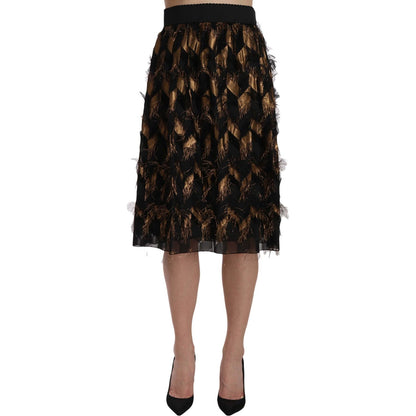 Dolce & Gabbana Black Gold Fringe Metallic Pencil A-line Skirt Dolce & Gabbana