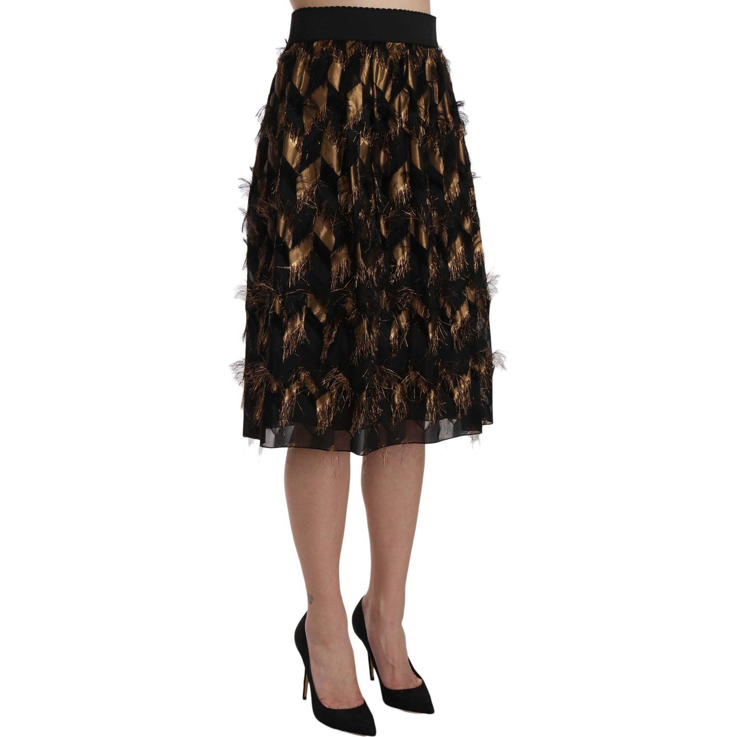 Dolce & Gabbana Black Gold Fringe Metallic Pencil A-line Skirt Dolce & Gabbana