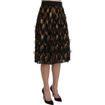 Dolce & Gabbana Black Gold Fringe Metallic Pencil A-line Skirt Dolce & Gabbana