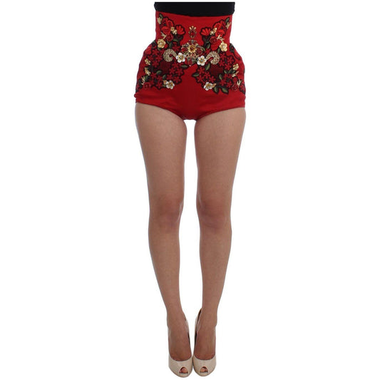 Dolce & Gabbana Red Silk Crystal Roses Shorts Dolce & Gabbana