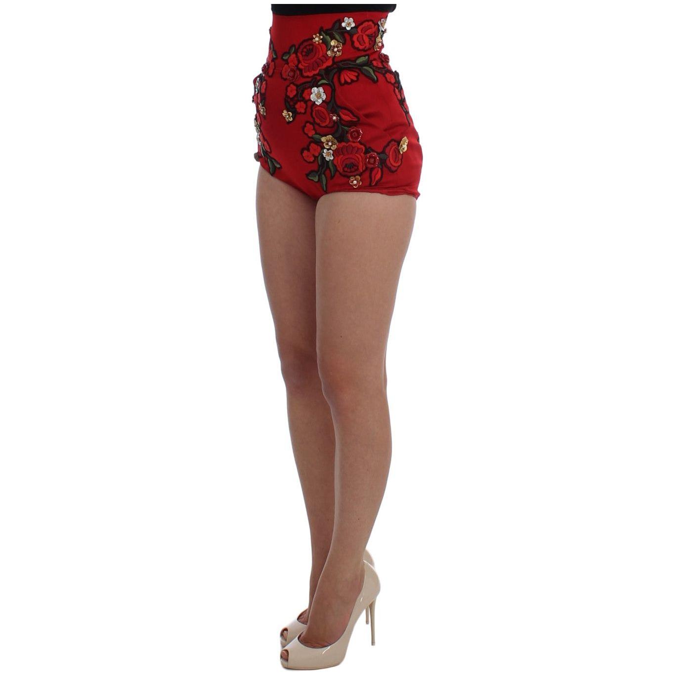 Dolce & Gabbana Red Silk Roses Sicily Shorts Dolce & Gabbana